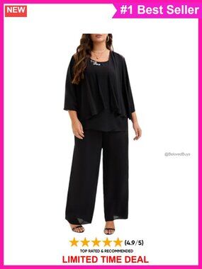 Plus Size 3 Piece Chiffon Pantsuit Lace Sequin Cape Set Mother of Bride